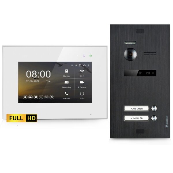 BALTER EVO HD - 2-Draht IP-BUS KIT, Black, Full HD Türstation für 2 Teilnehmer, 175° + HD 7" WIFI Monitor, EVO2 App, Touchscreen + Hauptstromverteiler